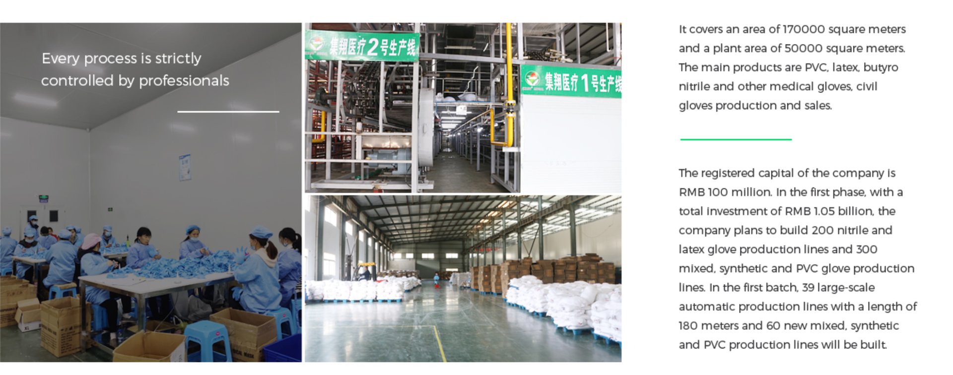 Nitrile gloves manufacturing facility showing automated production lines and quality-controlled clean room environment