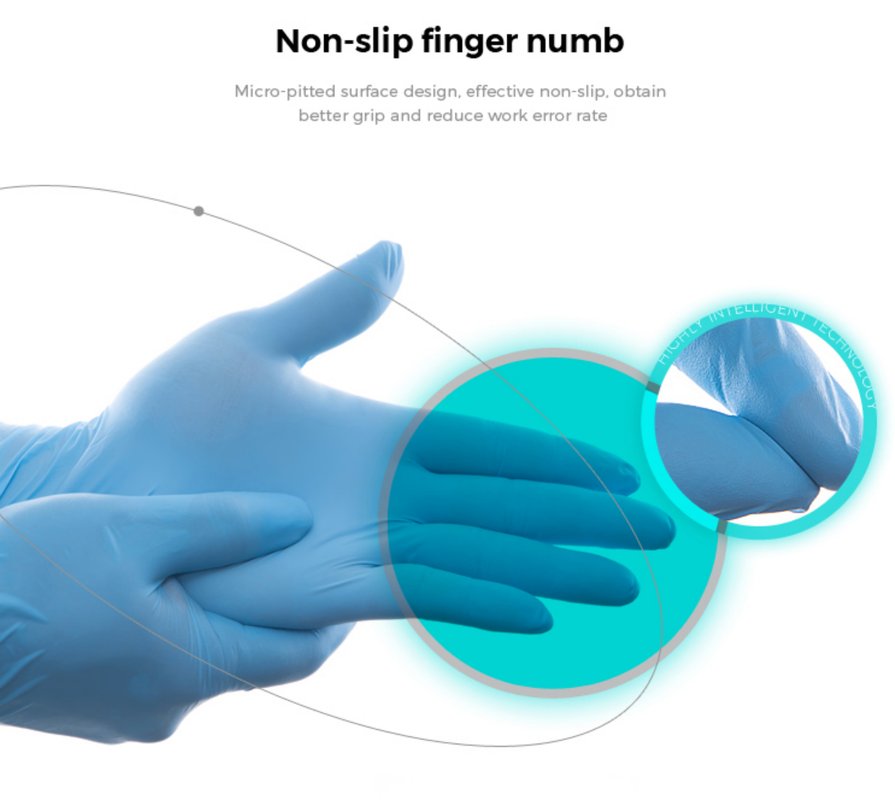 Close-up of nitrile glove fingertip texture showing micro-pitted surface design for superior grip