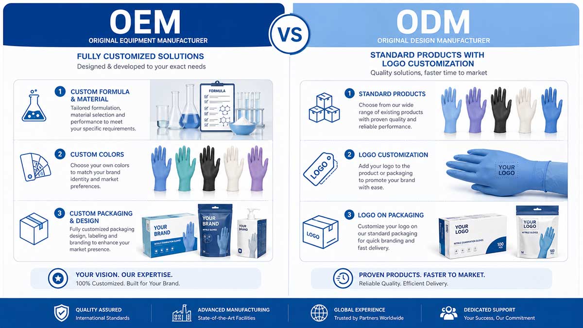 OEM vs ODM disposable glove manufacturing infographic showing full customization options versus standard products with logo branding