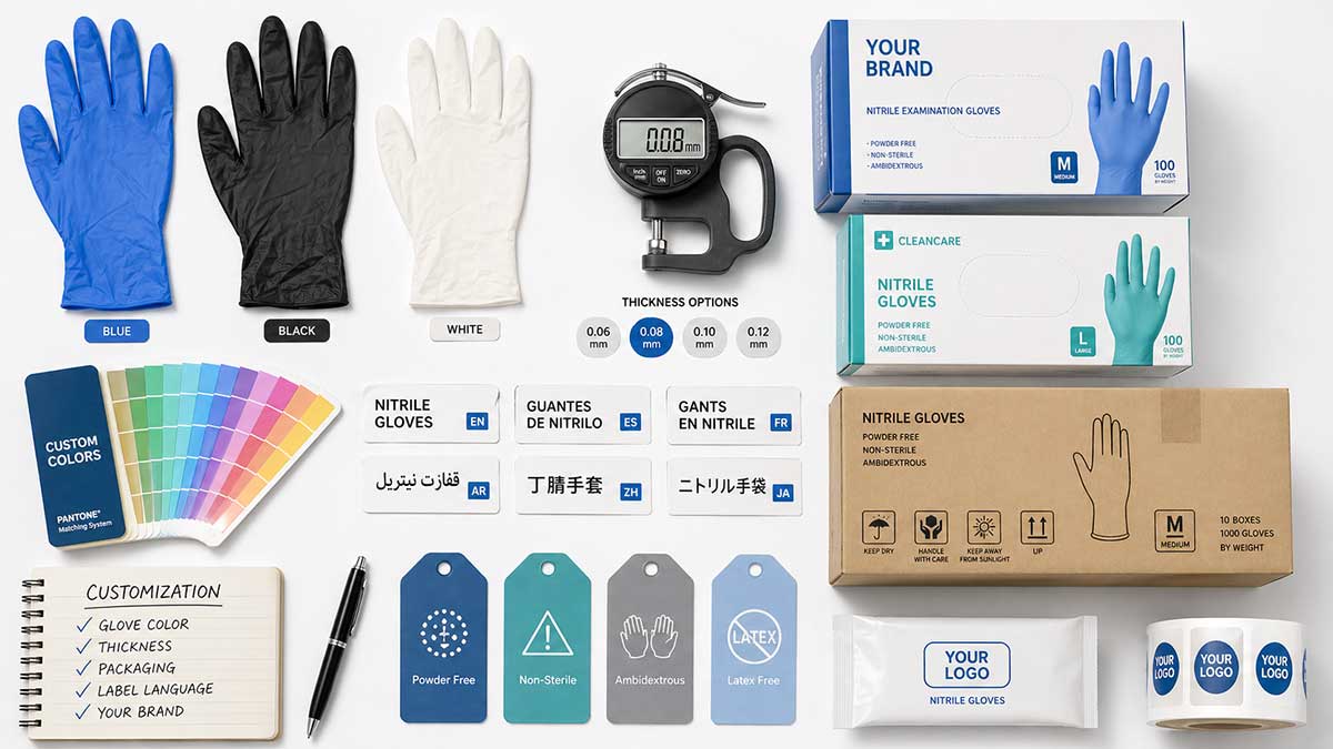 flat lay of disposable glove customization including color options thickness measurement packaging branding and multilingual labels