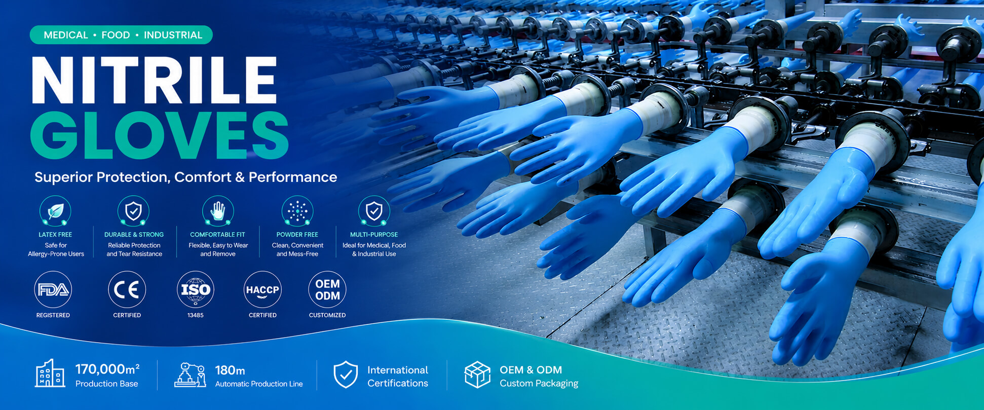 Disposable nitrile glove manufacturing production line with automated industrial glove dipping machine and OEM medical glove factory