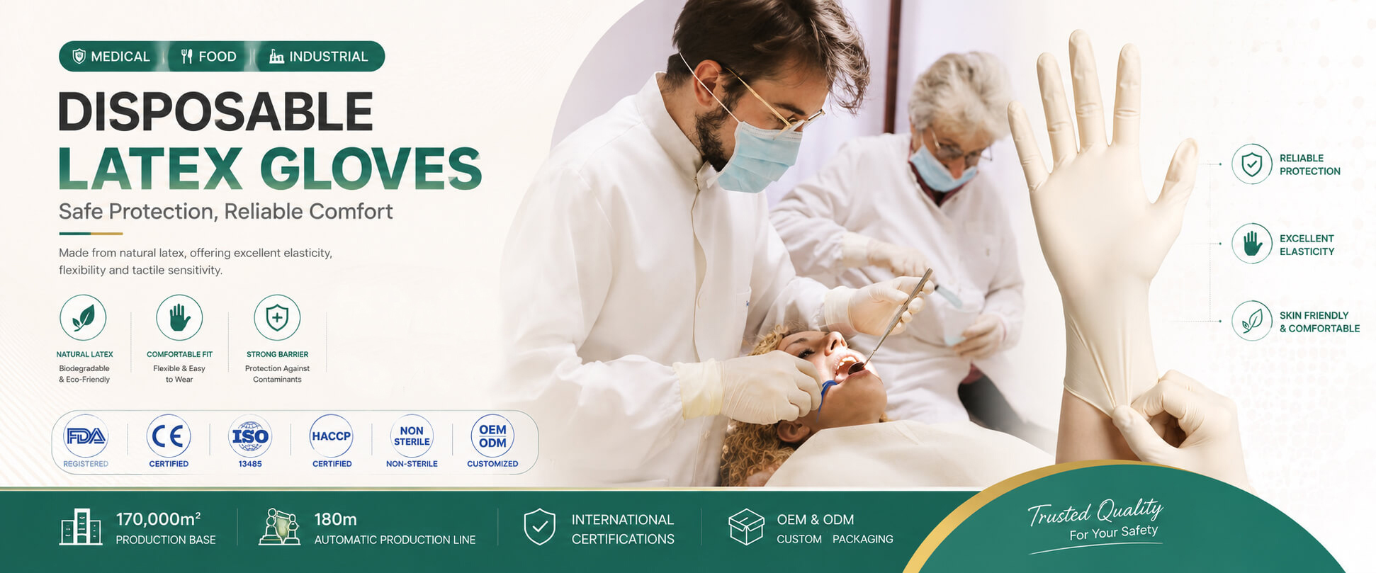 Disposable latex gloves used by dental professionals during medical examination and patient treatment