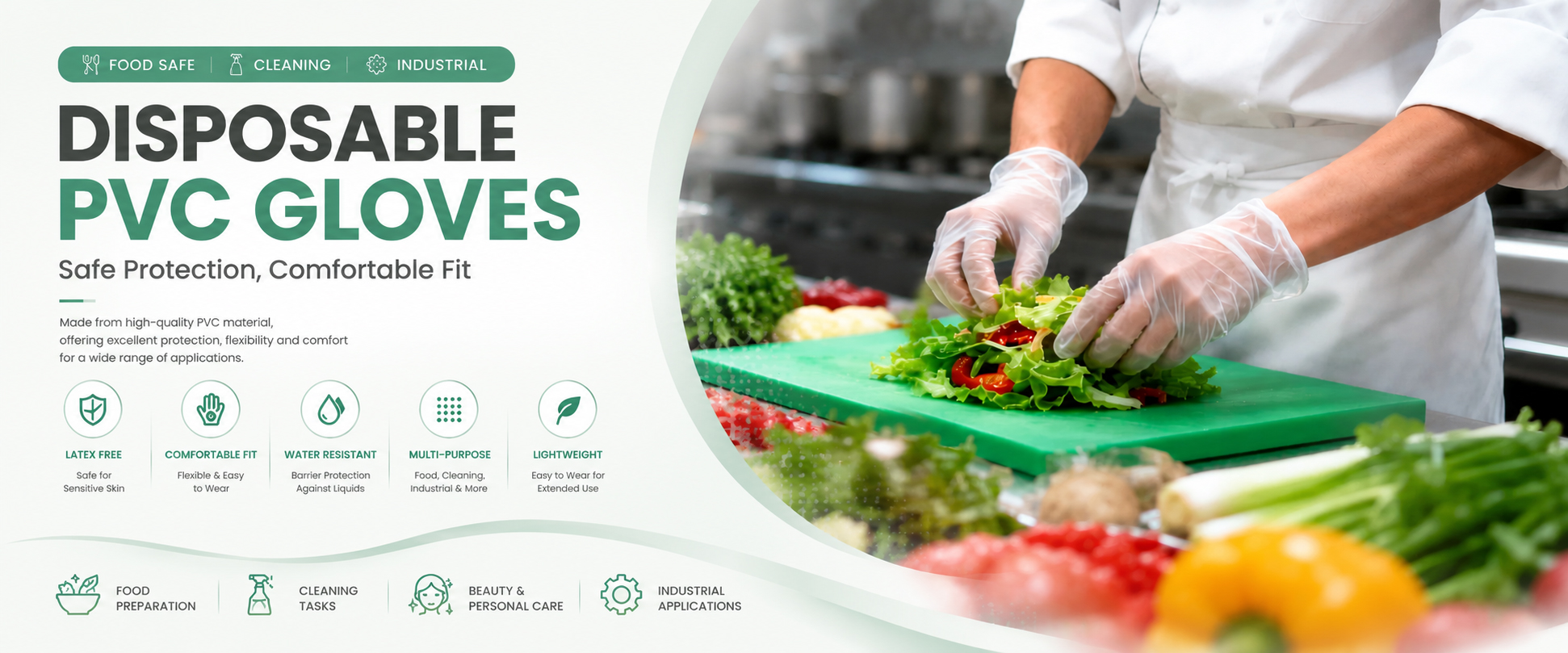 Disposable PVC gloves used for food preparation in a professional commercial kitchen environment