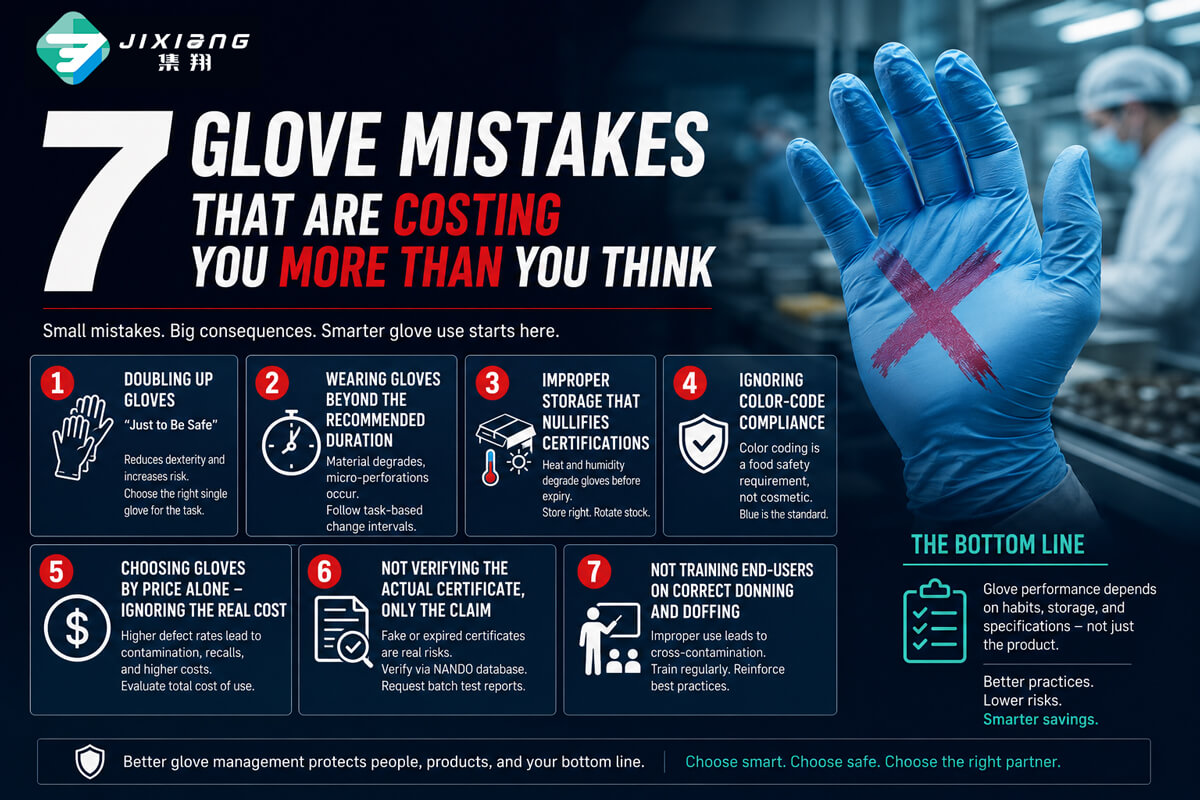 7-glove-mistakes-cost-cutting-ppe-budget-operational-habits.jpg 7 glove mistakes that increase PPE costs: behavioral waste, improper storage, fake certificates, no training – infographic on operational glove management.