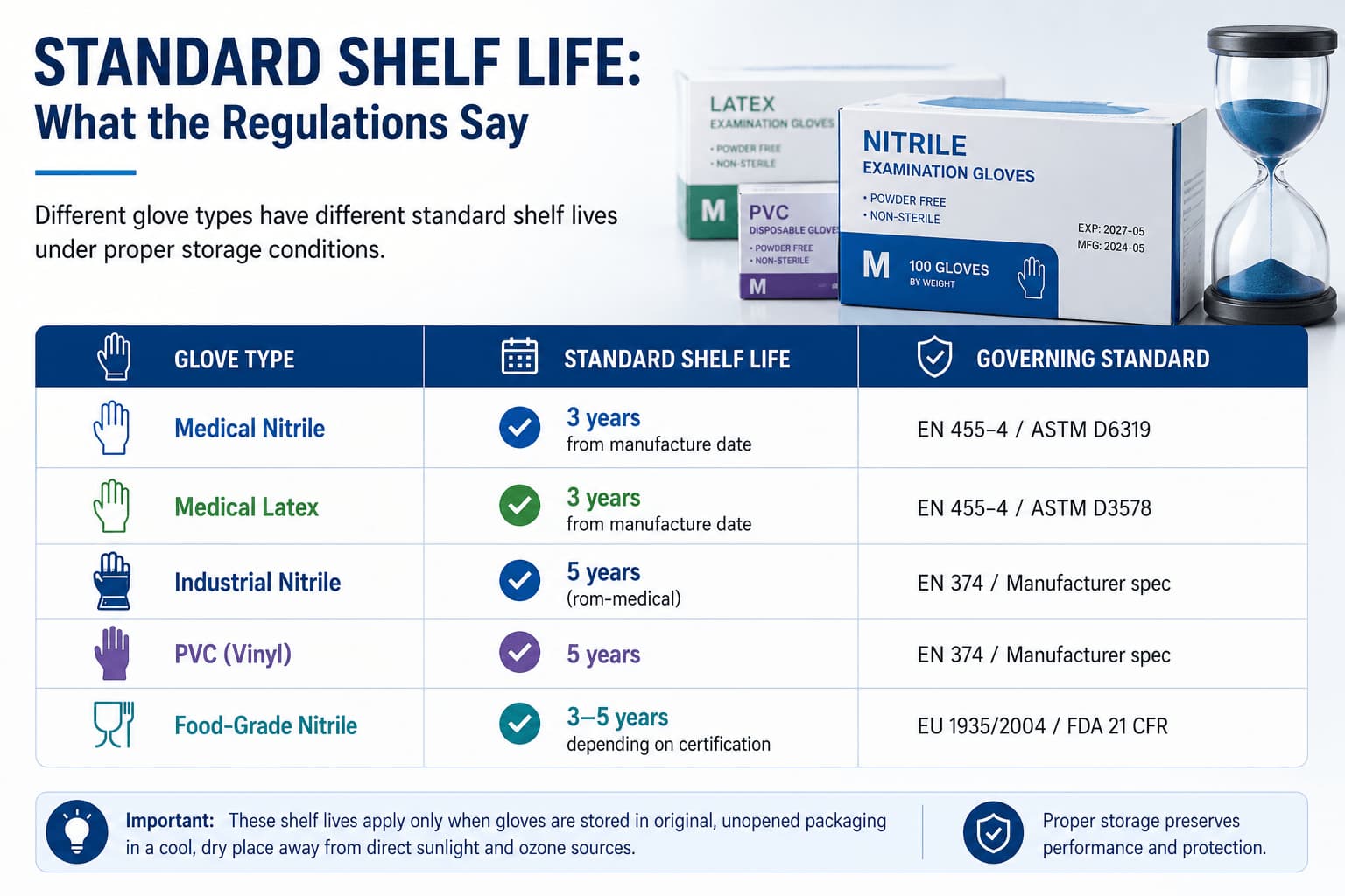 Disposable Glove Shelf Life Guide: Nitrile, Latex, PVC and Food-Grade Gloves Infographic comparing shelf life standards for nitrile, latex, PVC, and food-grade disposable gloves