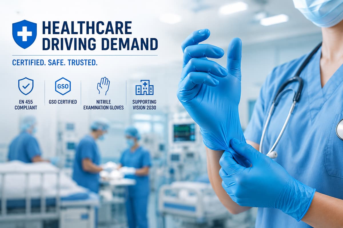 Healthcare Glove Demand Growth in the GCC Medical Sector 2026 Healthcare worker wearing blue nitrile gloves in a modern hospital representing rising medical glove demand in the GCC region