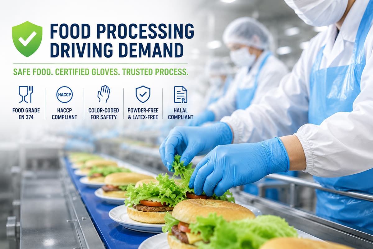 Food Processing Glove Demand and HACCP Compliance in the Middle East A clean industrial food processing scene featuring workers wearing blue nitrile gloves while preparing food products in a HACCP-compliant facility, emphasizing food safety regulations and rising demand for certified disposable gloves in the GCC market.