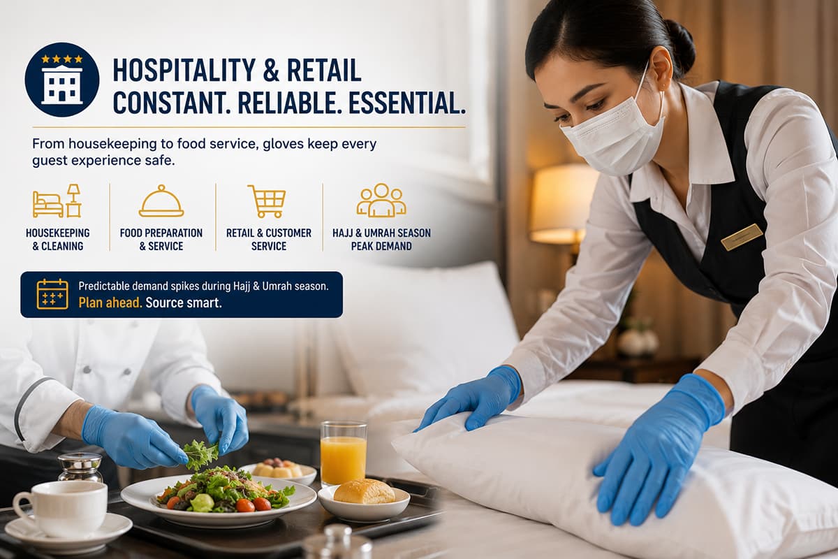 Hospitality and Retail Glove Demand During Hajj and Tourism Seasons A hospitality-focused commercial image showing hotel housekeeping and food service staff wearing disposable nitrile gloves, representing year-round glove demand driven by tourism, hospitality, Hajj season, and retail operations across the Gulf region.