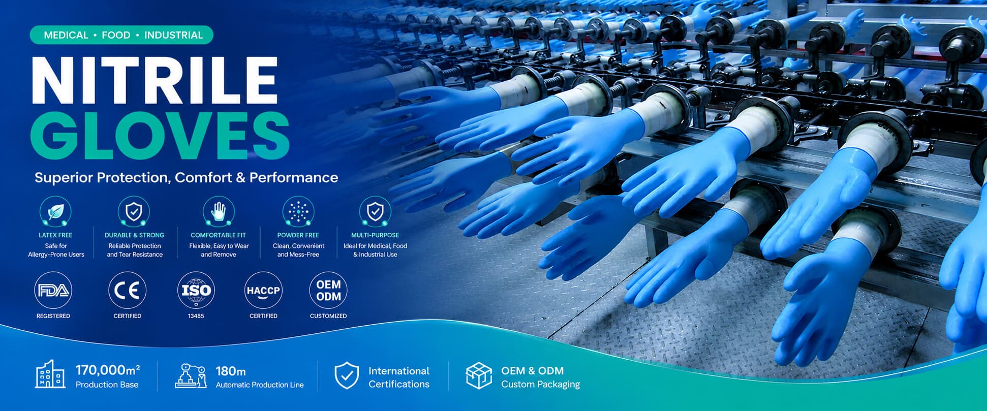 Disposable nitrile glove manufacturing production line with automated industrial glove dipping machine and OEM medical glove factory