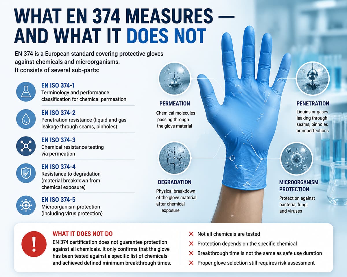 EN 374 Certified Nitrile Gloves: Chemical & Microorganism Protection Infographic A professional infographic illustrating EN 374 nitrile glove standards, featuring a hand wearing a blue protective glove against a corporate-industrial backdrop. The image breaks down EN ISO 374-1 to 374-5 subparts, explaining chemical permeation, penetration resistance, chemical resistance testing, degradation resistance, and microorganism protection, along with a warning section detailing what the certification does not guarantee. Designed for industrial buyers, safety managers, and procurement professionals.