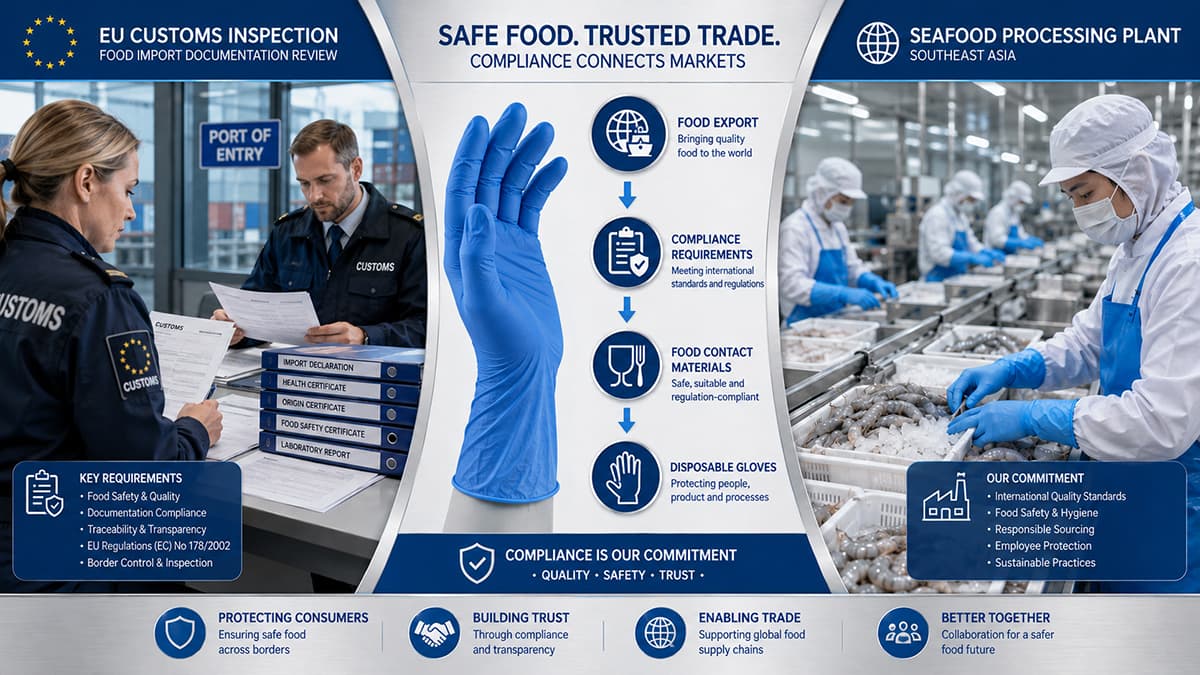 Professional infographic showing a food-grade glove procurement checklist for 2026. Features supplier document verification, BRC/FSSC compliance, export market regulations, Halal certification, supply chain stability assessment, and blue nitrile gloves for food safety and regulatory compliance.