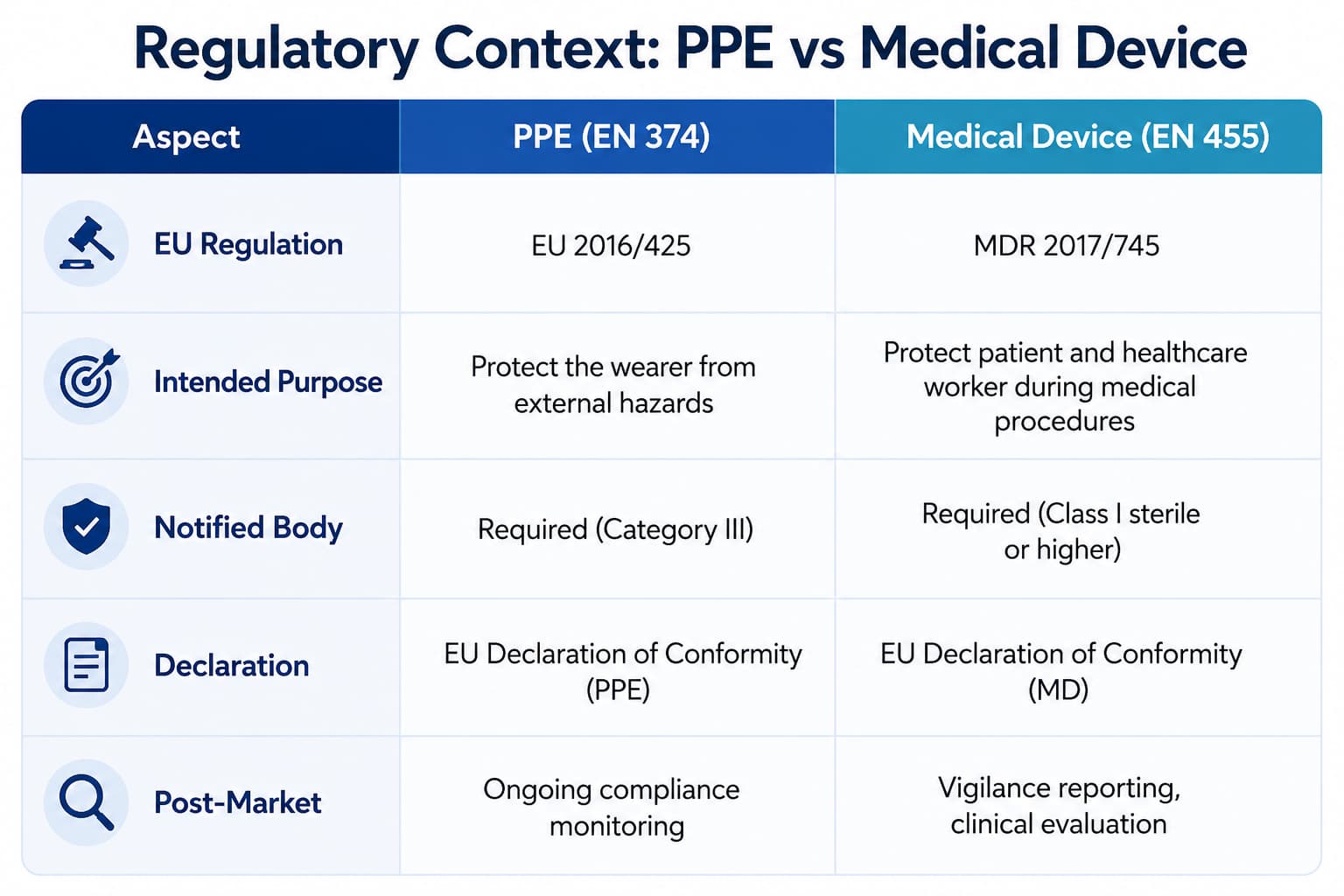 PPE vs Medical Device Regulations: EN 374 vs EN 455 Compliance Comparison Guide Infographic comparing EN 374 PPE regulations and EN 455 medical device requirements, including EU legislation, intended use, notified body certification, declaration of conformity, and post-market compliance obligations for disposable gloves.