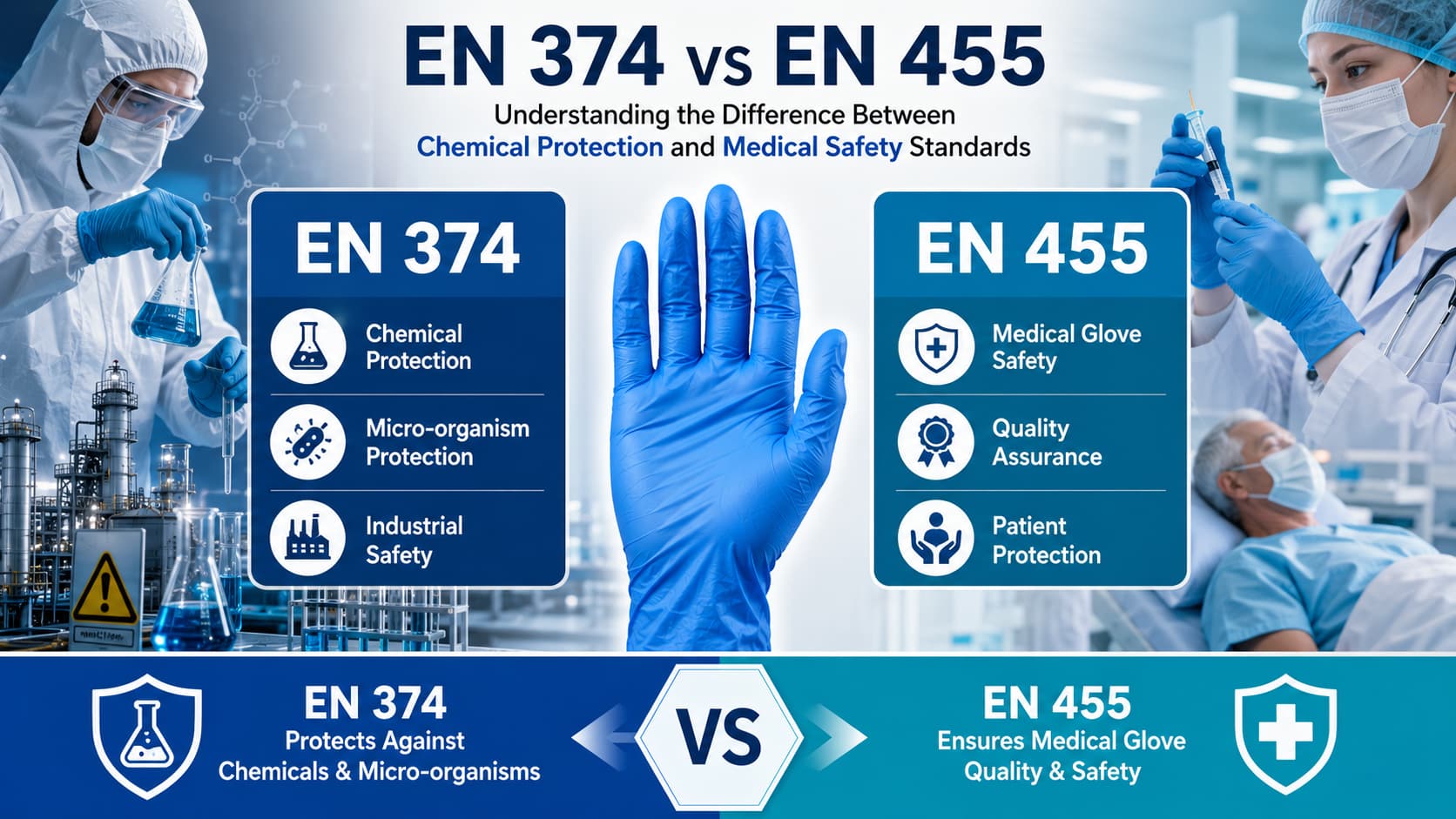 EN 374 vs EN 455: Understanding the Key Differences in Disposable Glove Standards Comparison infographic showing EN 374 chemical and microorganism protection standards versus EN 455 medical glove safety standards, featuring a blue nitrile glove, industrial laboratory environment, and healthcare setting.