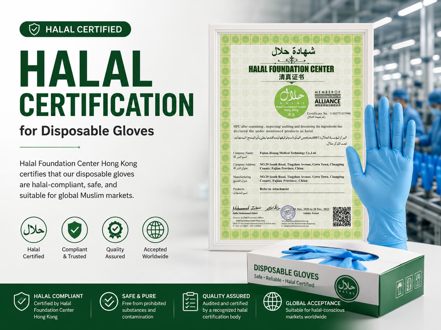 Halal certification infographic for disposable nitrile gloves featuring an official halal certificate, blue nitrile gloves, food processing and healthcare applications, illustrating halal compliance requirements for food safety, medical use, and international export markets.