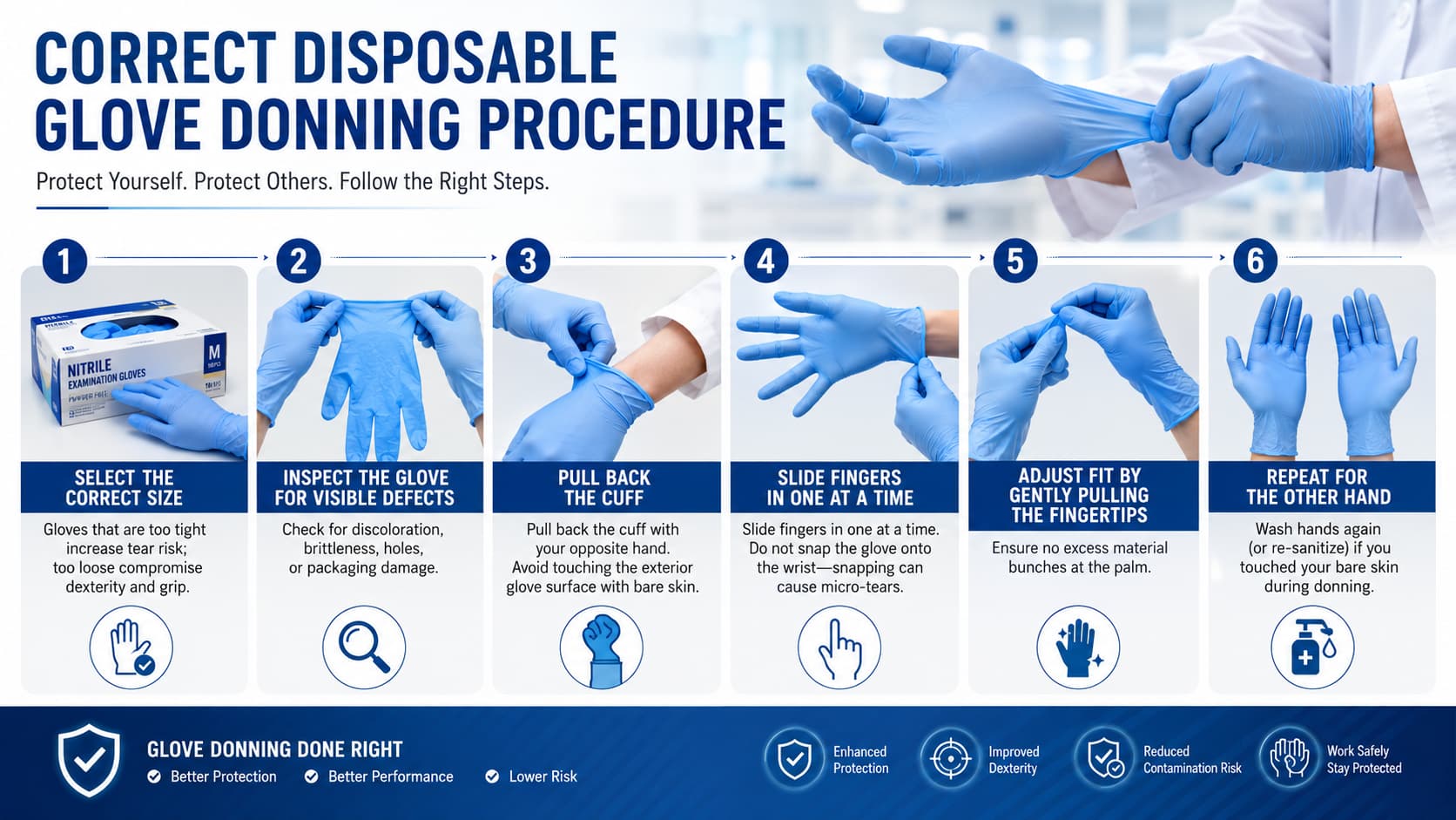 This educational infographic demonstrates the correct procedure for putting on disposable nitrile gloves. The six-step process covers selecting the correct glove size, inspecting gloves for defects, pulling back the cuff properly, inserting fingers carefully, adjusting the fit, and maintaining hand hygiene. The guide helps reduce contamination risks and improve safety compliance in healthcare, food processing, laboratory, and industrial environments.
