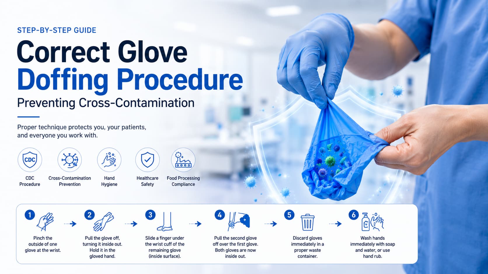 This professional healthcare safety infographic illustrates the importance of proper glove donning and doffing procedures to prevent cross-contamination. The image features a healthcare worker removing a blue nitrile glove while contamination particles remain contained inside the glove. It highlights a key industry statistic showing that up to 60% of glove users make at least one critical glove removal error. The visual emphasizes hand hygiene, proper glove removal techniques, healthcare compliance, food safety standards, and industrial workplace protection.