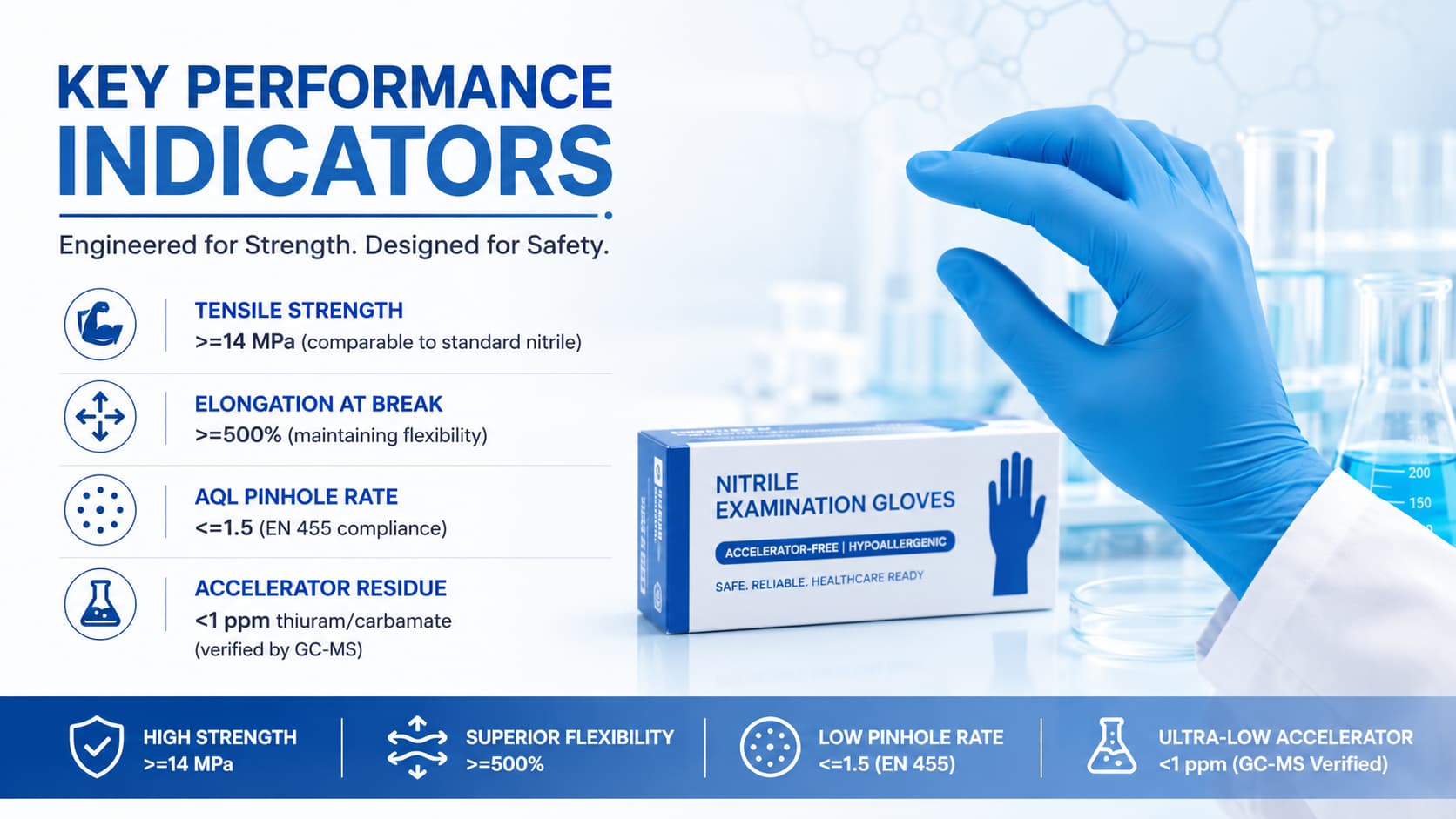 Accelerator-Free Nitrile Gloves: Key Performance Indicators for Medical Examination Gloves Infographic highlighting the key performance indicators of accelerator-free nitrile examination gloves, including ≥14 MPa tensile strength, ≥500% elongation at break, AQL 1.5 pinhole quality, and <1 ppm accelerator residue verified by GC-MS. The image features a blue nitrile glove, laboratory testing equipment, and a clean medical compliance background, illustrating high-performance, allergy-conscious disposable gloves for healthcare applications.