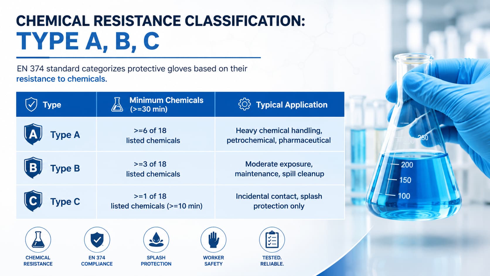 EN 374 Explained: Chemical Protection Standards for Protective Gloves When your team handles solvents, acids, or petroleum-based chemicals, the label "EN 374" on a glove box is more than marketing — it is a verified claim that the product has been tested against specific chemicals under controlled conditions. But what exactly does each part of the standard cover, and how should buyers interpret the pictograms and type classifications? The Structure of EN 374 Part Scope Key Requirement EN 374-1 Terminology & general requirements Defines glove categories, permeation terms, minimum thresholds EN 374-2 Determination of resistance to penetration Air-leak & water-leak tests for physical integrity EN 374-3 Determination of resistance to permeation by chemicals Measures breakthrough time for 18 listed chemicals EN 374-4 Determination of resistance to degradation by chemicals Visual/physical deterioration after 30-min exposure EN 374-5 Micro-organism protection requirements Bacteria, fungi, virus penetration resistance Chemical Resistance Classification: Type A, B, C Type Minimum Chemicals (>=30 min) Typical Application Type A >=6 of 18 listed chemicals Heavy chemical handling, petrochemical, pharmaceutical Type B >=3 of 18 listed chemicals Moderate exposure, maintenance, spill cleanup Type C >=1 of 18 listed chemicals (>=10 min) Incidental contact, splash protection only The 18 Test Chemicals Code Chemical CAS Number A Methanol 67-56-1 B Acetone 67-64-1 C Acetonitrile 75-05-8 D Dichloromethane 75-09-2 E Carbon disulfide 75-15-0 F Chloroform 67-66-3 G Diethylamine 109-89-7 H Diethyl ether 60-29-7 I Ethyl acetate 141-78-6 J Heptane 142-82-5 K NaOH 40% 1310-73-2 L H2SO4 96% 7664-93-9 M HNO3 65% 7697-37-2 N Acetic acid 99% 64-19-7 O NH4OH 25% 1336-21-6 P H2O2 30% 7722-84-1 Q HF 40% 7664-39-3 R Formaldehyde 37% 50-00-0 Reading the Pictogram A glove certified to EN 374 bears an Erlenmeyer flask icon with chemical letter codes underneath. The letters indicate which test chemicals the glove resists for >=30 minutes. A separate biohazard symbol appears when the glove also meets EN 374-5. Always cross-check letter codes against your workplace chemical inventory before purchasing. Q: Does EN 374 certification guarantee total chemical barrier? A: No. EN 374 measures permeation breakthrough time, not absolute impermeability. The 30-minute threshold is a minimum performance floor, not unlimited protection. Q: Are nitrile gloves automatically EN 374 compliant? A: No. Thin exam-grade nitrile gloves may meet EN 455 but fail EN 374-3 permeation tests. Always verify the specific type and chemical codes. Q: Difference between penetration and permeation? A: Penetration: macro-scale holes allowing liquid through. Permeation: molecular-level diffusion through intact material. Q: How often should chemical-resistant gloves be replaced? A: Replace at no more than 50% of stated breakthrough time. For unknown mixtures, replace immediately after any visible exposure. Q: Does JIXIANG offer EN 374-certified gloves for Gulf markets? A: Yes. JIXIANG nitrile gloves are certified EN 374 Type C and Type A, with CE MDR documentation and GSO-compliant labeling.