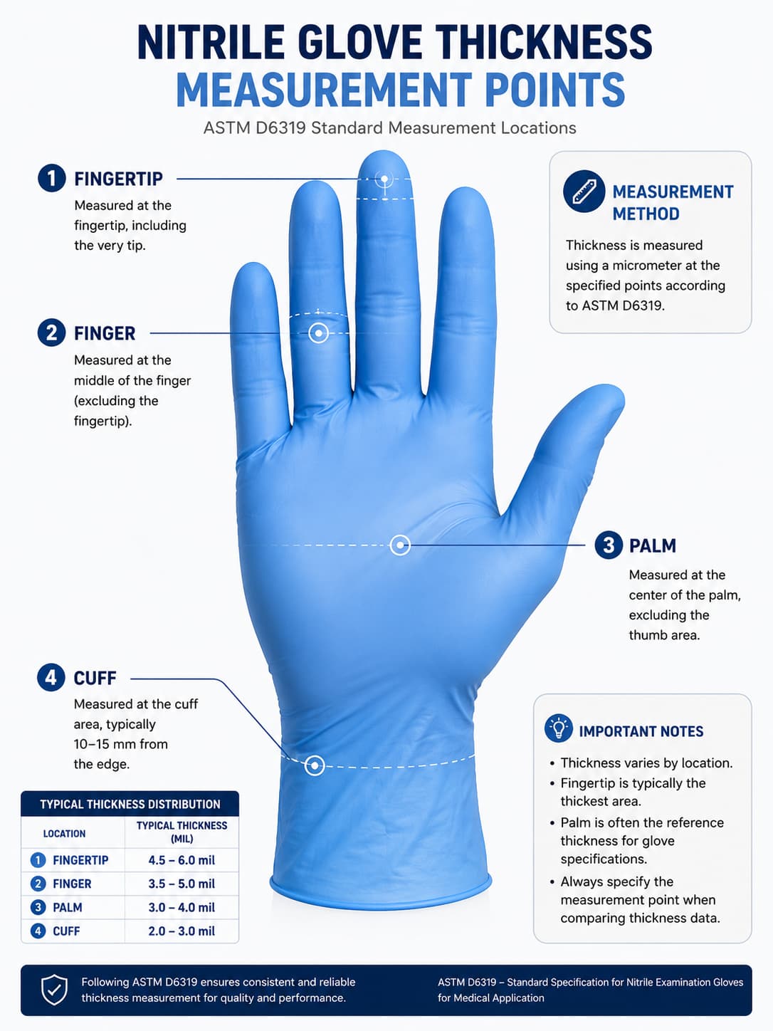 Nitrile Glove Thickness Measurement Points (ASTM D6319) Diagram illustrating nitrile glove thickness measurement locations, including fingertip, finger, palm and cuff, based on ASTM D6319 measurement guidelines with typical thickness distribution.