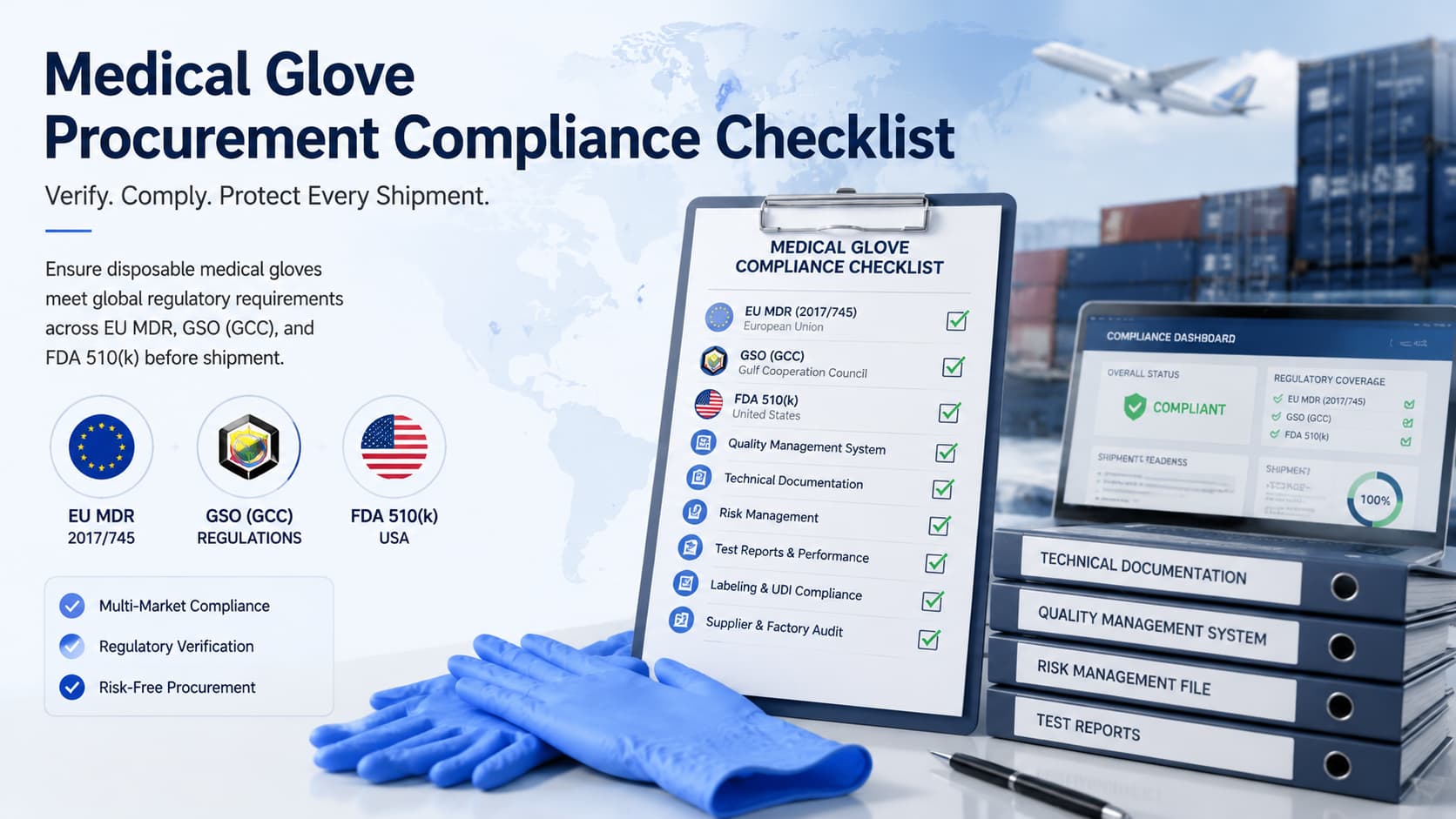 Medical Glove Procurement Compliance Dossier 2026 – Regulatory Documentation Checklist Medical glove procurement compliance dossier checklist showing ISO 13485 certificate, CE, GSO CoC, FDA 510(k), EN 455 test reports, quality documents, and regulatory verification for global medical glove sourcing.