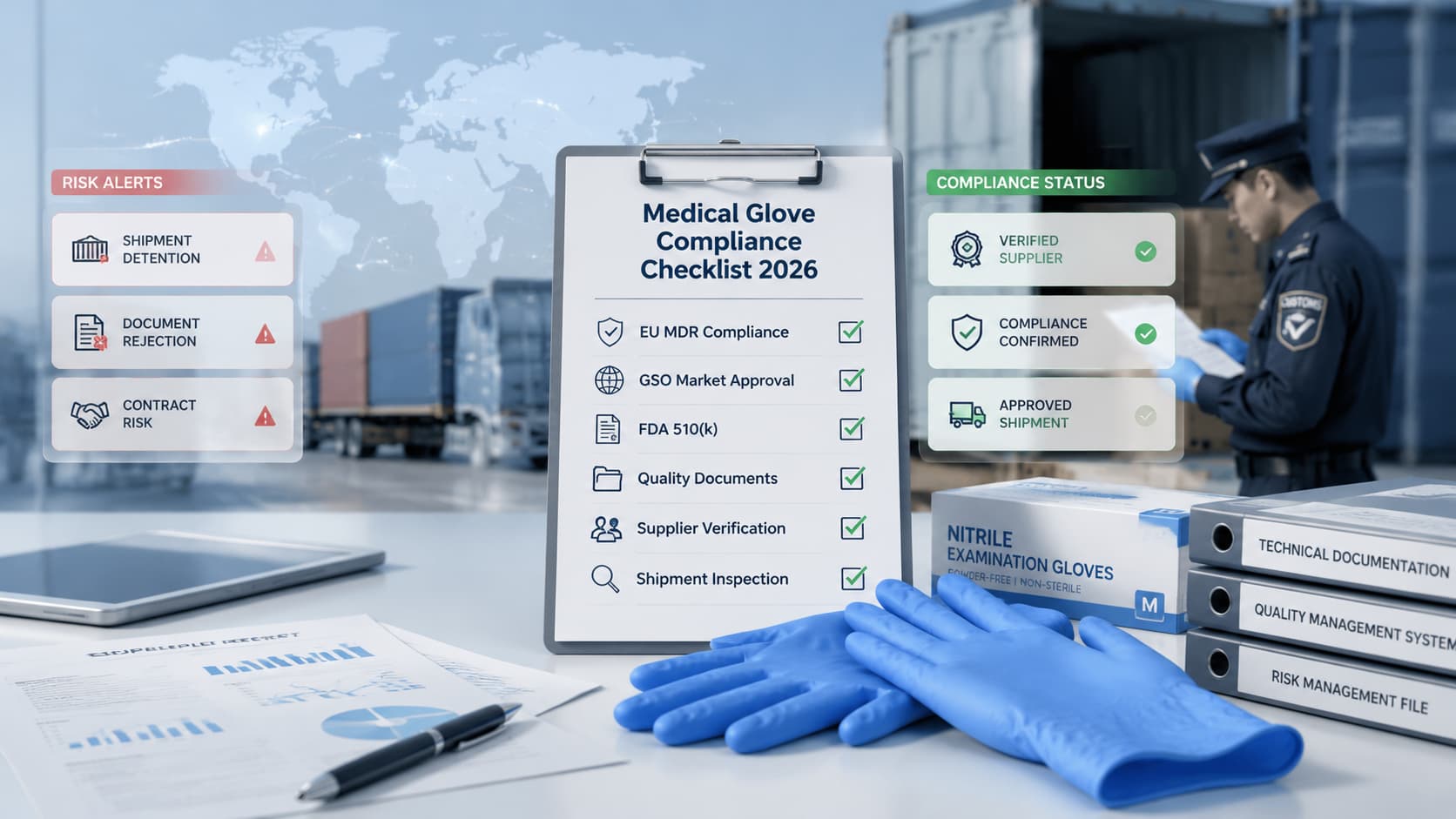 Medical Glove Compliance Checklist 2026: Reducing Procurement Risks Medical glove procurement compliance checklist showing EU MDR, GSO, and FDA regulatory verification to reduce shipment risks in 2026