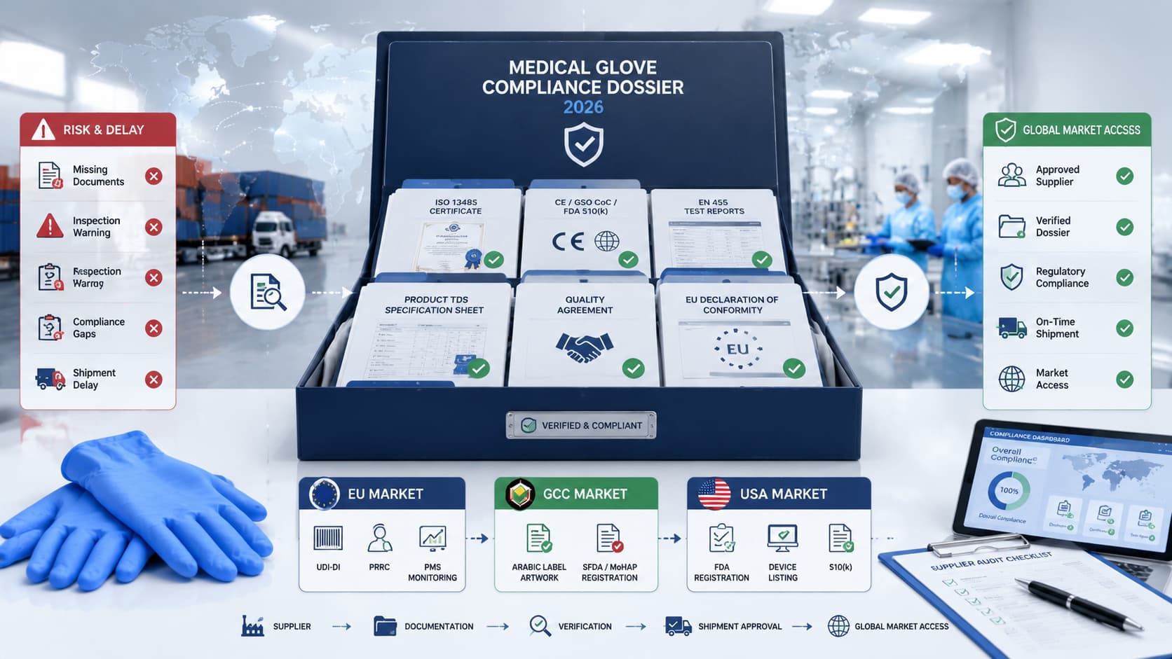 Medical Glove Procurement Compliance Dossier Management 2026 A professional illustration showing how medical glove importers organize compliance dossiers with certificates, test reports, technical documents, and regulatory records to reduce procurement risks and support global market access.