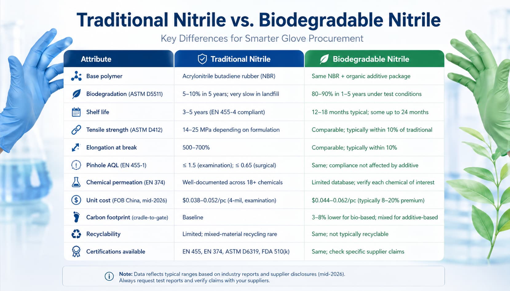 Traditional Nitrile vs Biodegradable Nitrile Gloves Comparison Guide 2026 Side-by-side comparison infographic of traditional nitrile gloves and biodegradable nitrile gloves showing biodegradation performance, shelf life, AQL compliance, chemical resistance, carbon footprint, certifications and procurement costs in 2026.