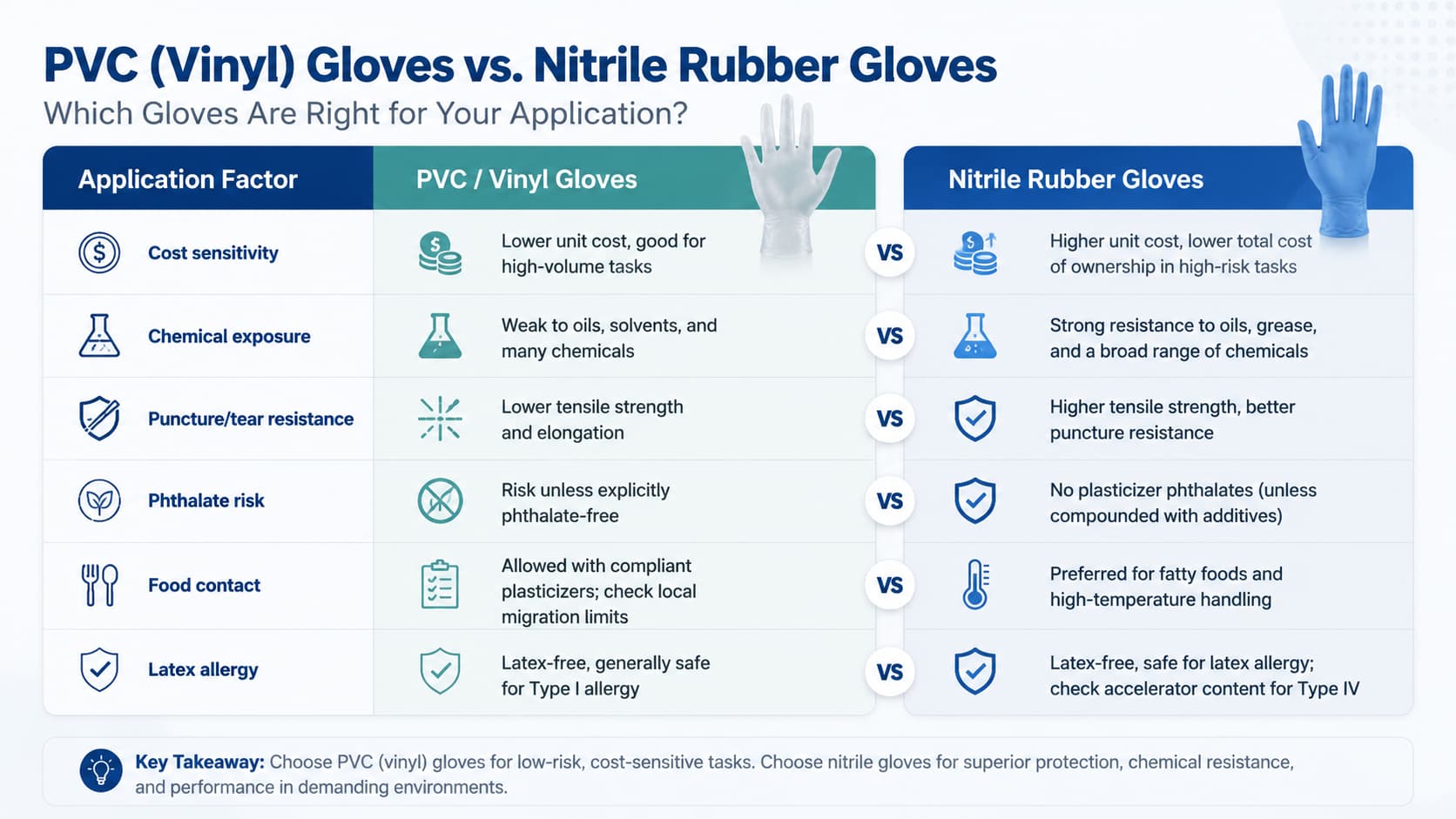 PVC Vinyl Gloves vs Nitrile Gloves Comparison Guide Comparison infographic between PVC vinyl gloves and nitrile rubber gloves showing differences in cost sensitivity, chemical resistance, puncture protection, food contact suitability and latex allergy considerations.