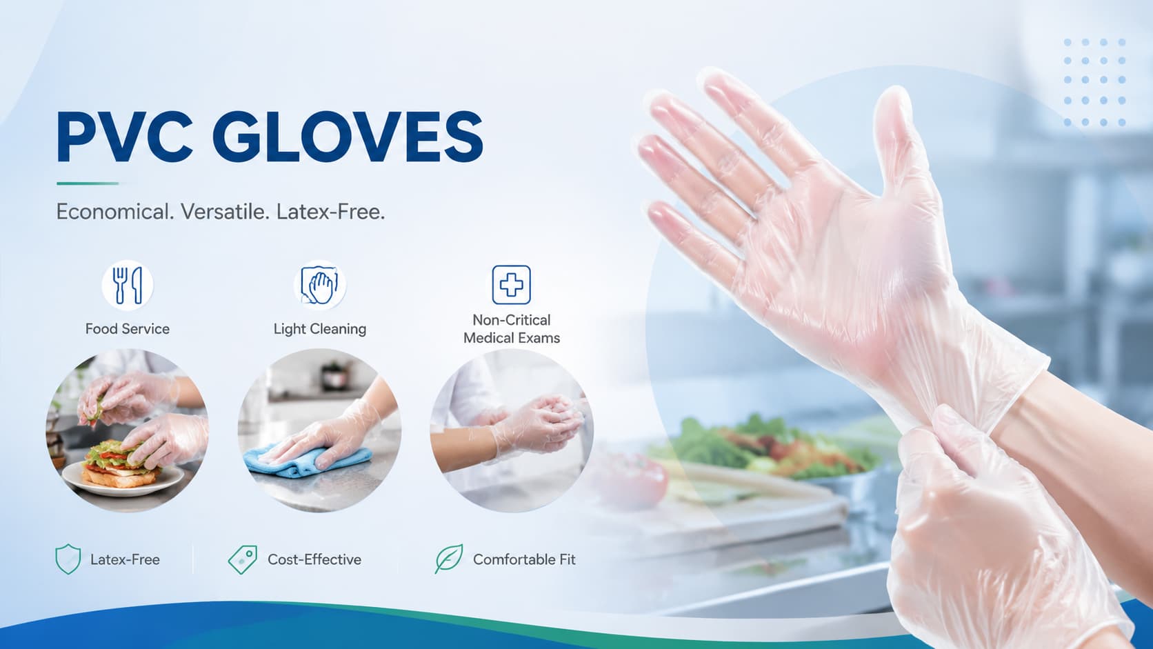 Blue and transparent PVC vinyl disposable gloves used for food service, light cleaning and non-critical medical examinations, highlighting economical cost, latex-free protection and versatile applications.