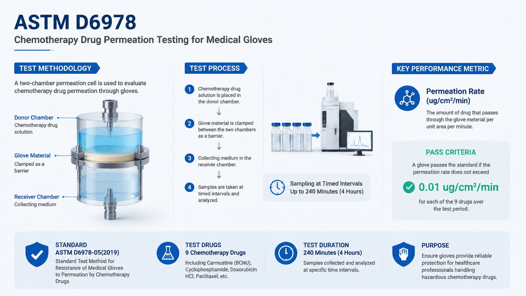 ASTM D6978 chemotherapy drug permeation testing infographic showing a two-chamber test cell, glove barrier material, drug solution, receiver chamber and permeation rate evaluation for medical gloves.