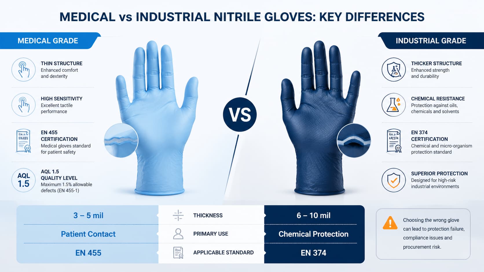 Medical vs Industrial Nitrile Gloves: Key Differences in Certification and Protection Technical infographic comparing medical grade and industrial grade nitrile gloves, showing differences in glove thickness, tactile sensitivity, EN 455 certification, EN 374 chemical resistance, and AQL 1.5 quality testing.