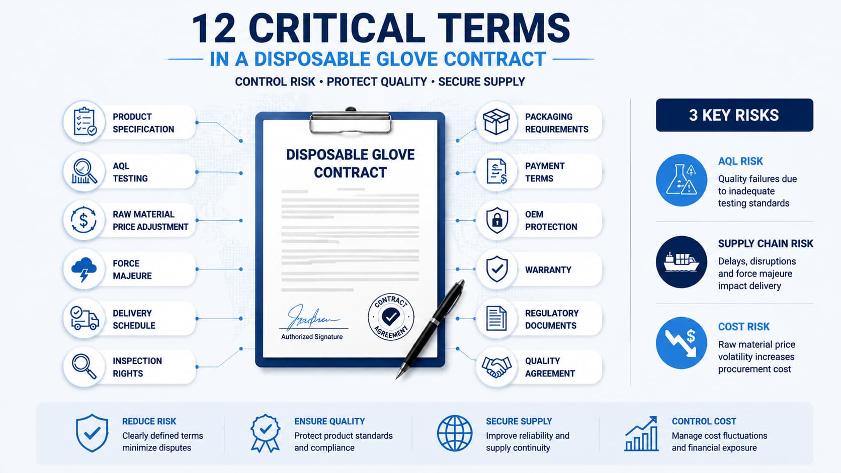 12 Critical Terms in a Disposable Glove Contract: Procurement Checklist for 2026 Buyers Professional B2B procurement infographic showing 12 critical terms in a disposable glove contract, including product specifications, AQL testing, pricing adjustments, delivery terms, inspection rights, regulatory documents, and quality agreements.