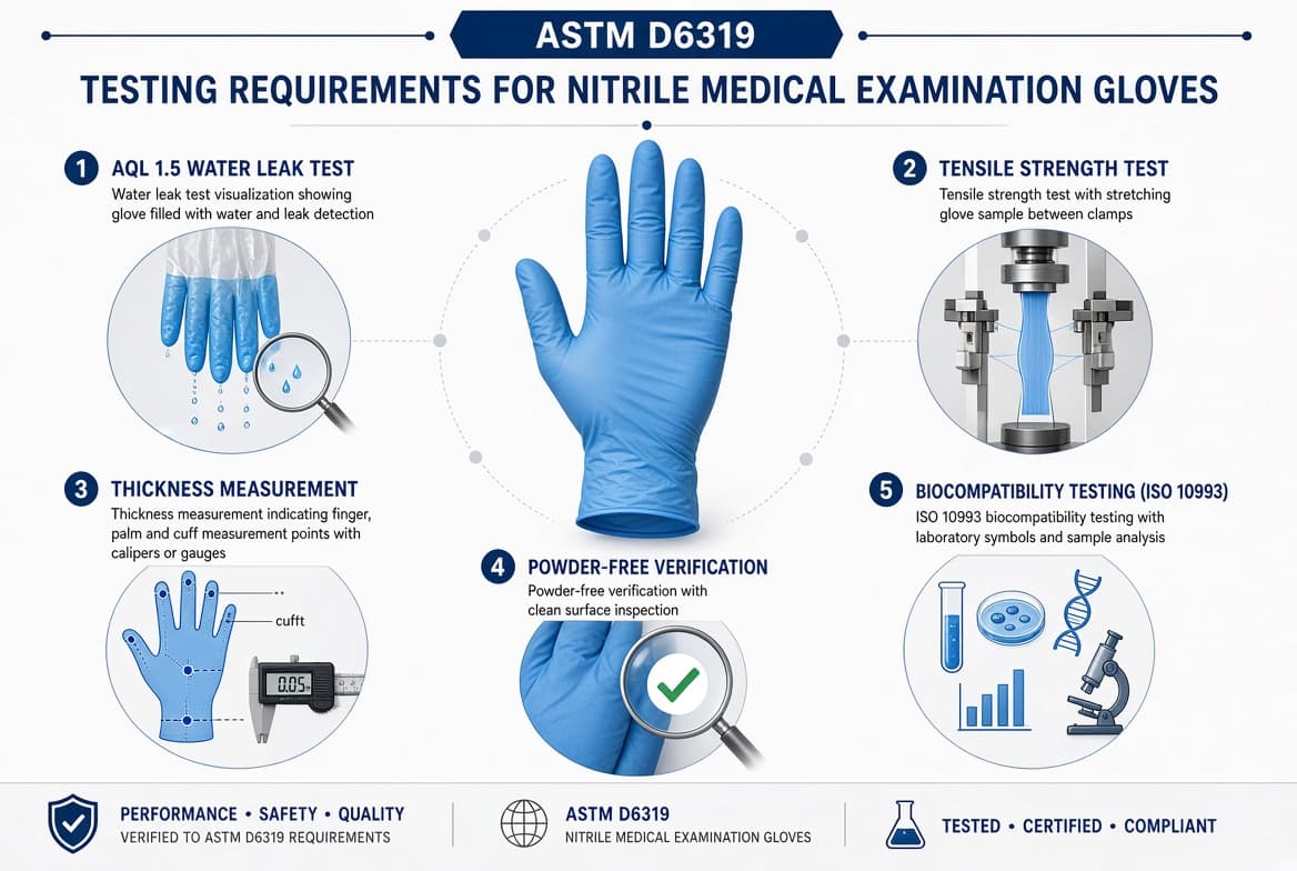 ASTM D6319 testing requirements infographic showing nitrile medical examination glove tests including AQL 1.5 water leak testing, tensile strength, thickness measurement, powder-free verification, and ISO 10993 biocompatibility testing
