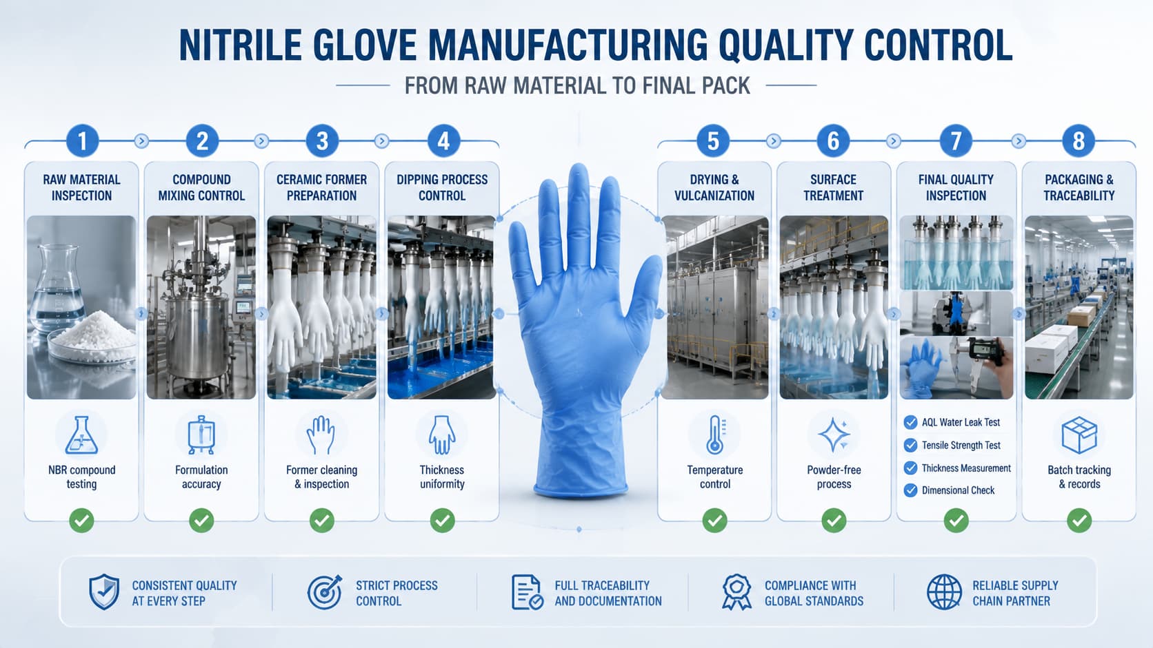 Nitrile Glove Manufacturing Quality Control – 8 Critical Checkpoints Nitrile glove manufacturing quality control infographic showing 8 checkpoints from raw material inspection and compound mixing to dipping, vulcanization, final testing, packaging, and traceability