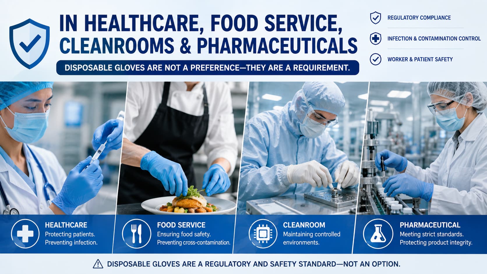 Disposable gloves used in healthcare, food service, cleanroom, and pharmaceutical applications