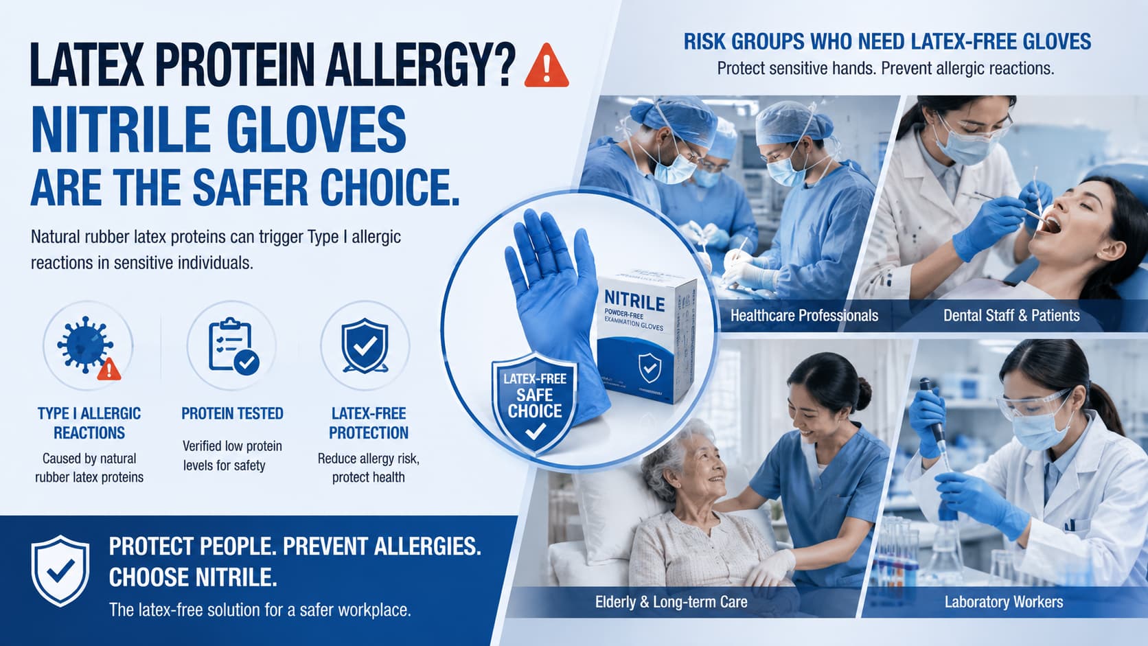Latex Protein Allergy and Nitrile Gloves for Sensitive Users Latex protein allergy risk groups using latex-free nitrile gloves in healthcare, dental, laboratory, and long-term care settings