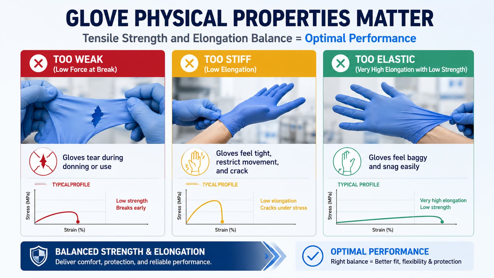 How Tensile Strength and Elongation Affect Nitrile Glove Performance Comparison of weak, stiff, and overly elastic nitrile gloves based on tensile strength and elongation