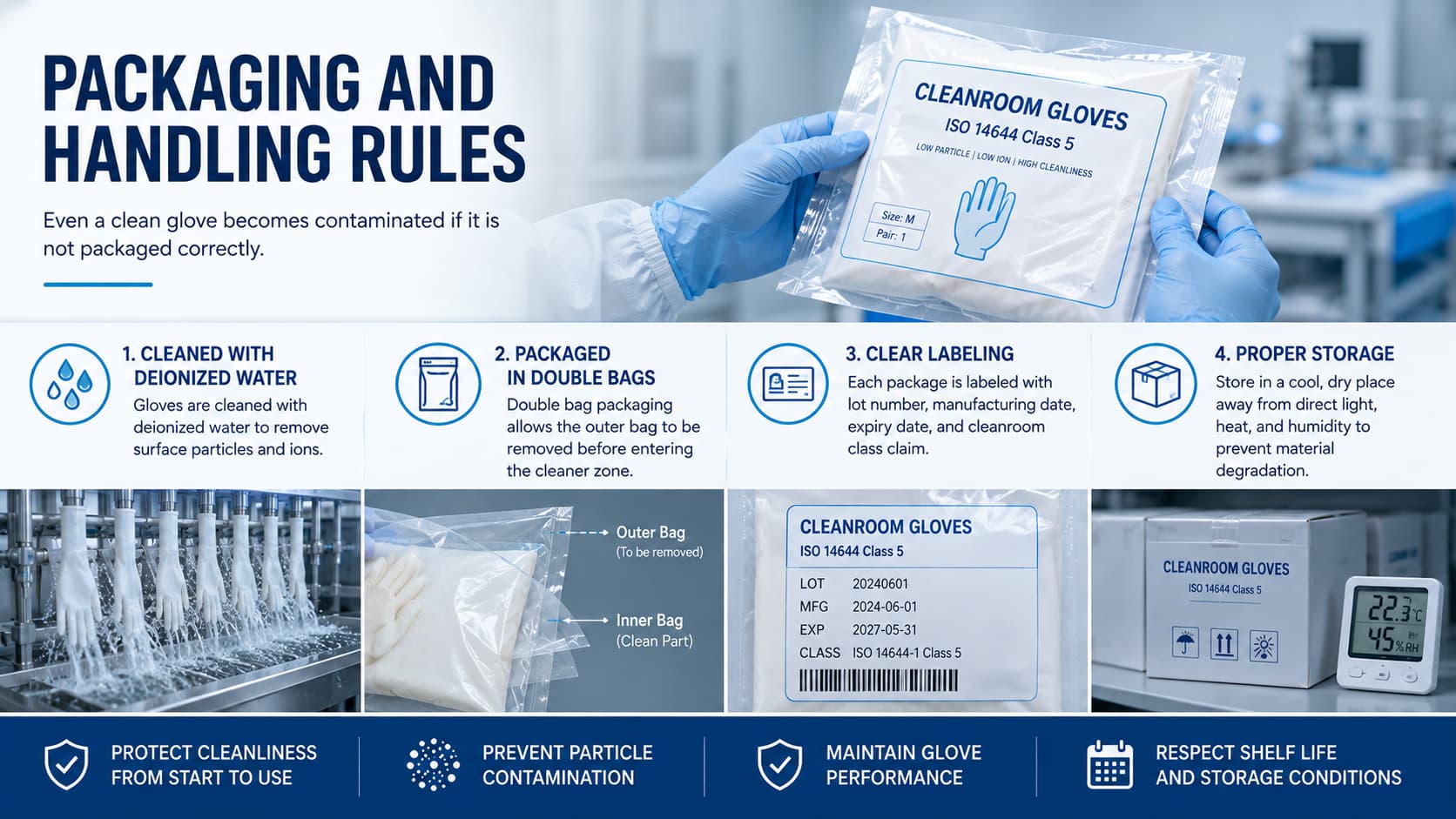 ISO 14644 cleanroom gloves for particle control in pharmaceutical and electronics manufacturing