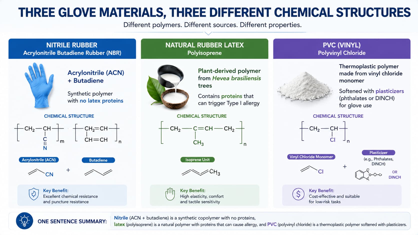 Nitrile vs Latex vs PVC: Chemical Structure and Material Differences Chemical structure comparison of nitrile rubber natural latex and PVC glove materials