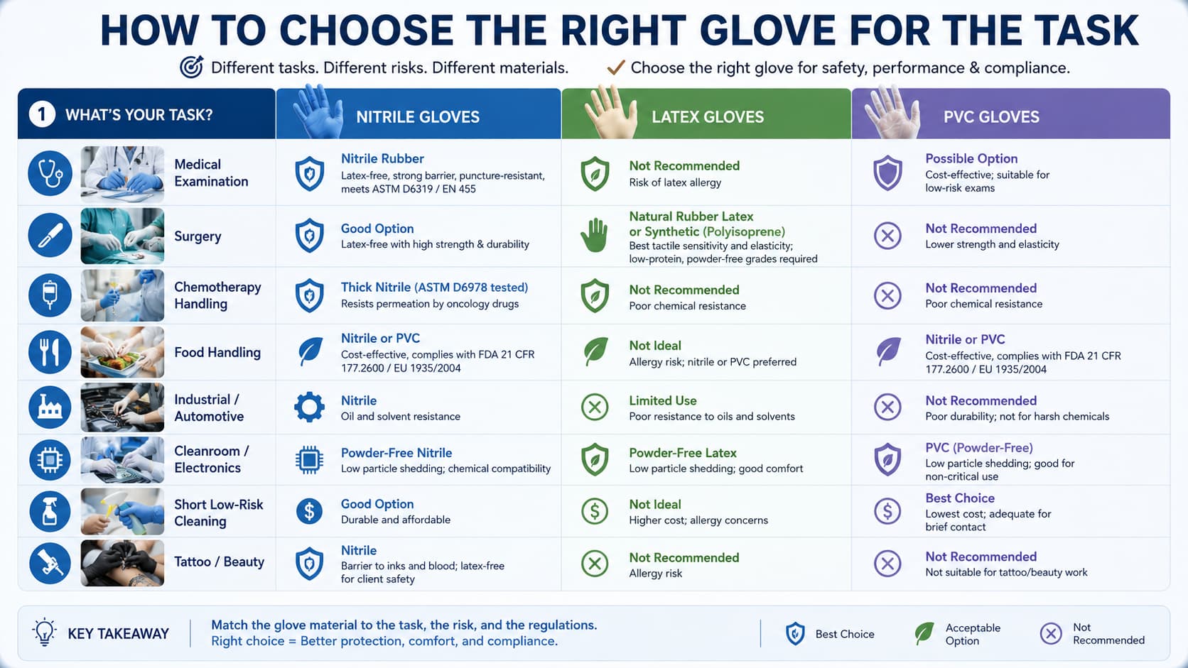 How to Choose the Right Glove Material for Each Task Glove material selection guide showing nitrile latex and PVC for different tasks