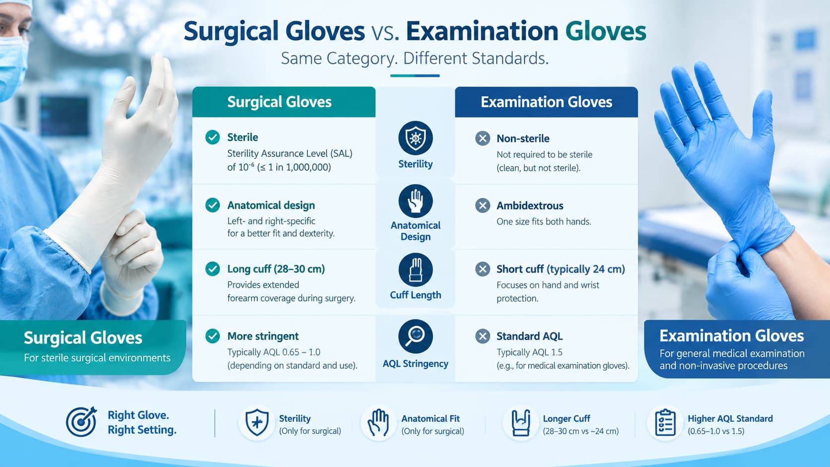 Comparison of surgical gloves and examination gloves showing sterility, anatomical fit, cuff length and AQL differences