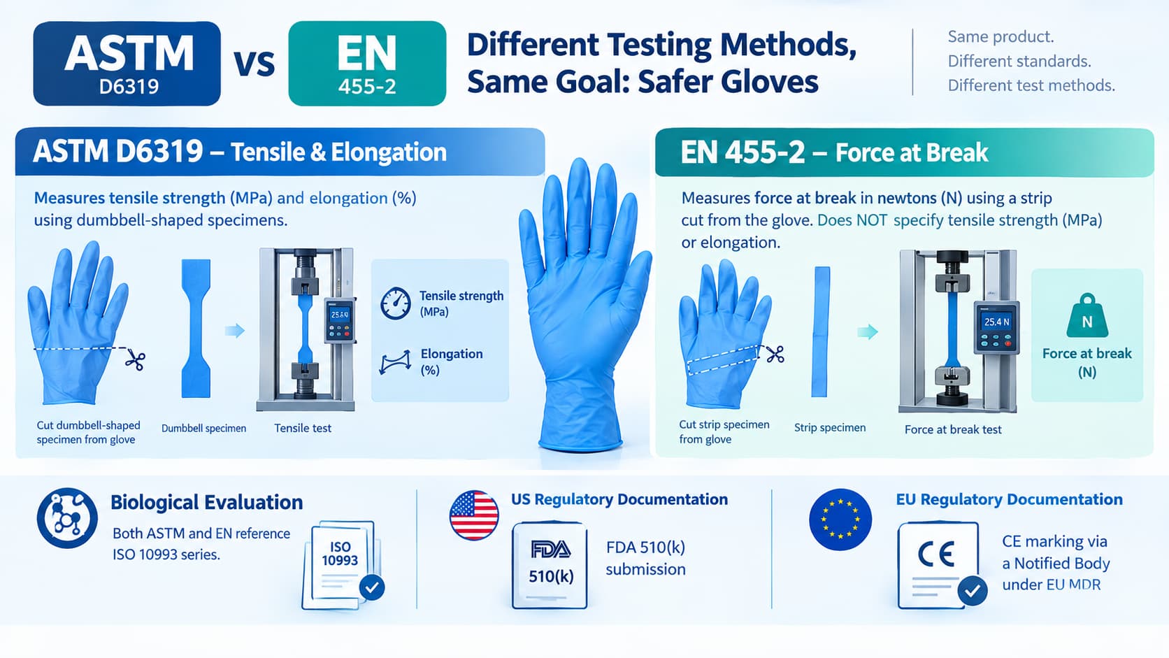 ASTM D6319 vs EN 455-2: Key Differences in Nitrile Glove Testing ASTM D6319 tensile strength and elongation testing compared with EN 455-2 force at break testing for nitrile gloves