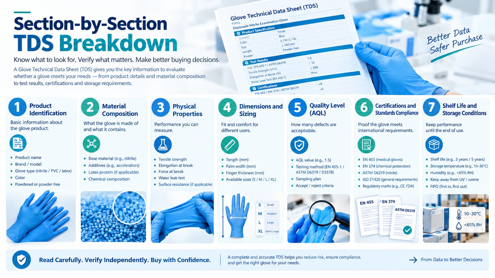 7 Key Sections of a Glove Technical Data Sheet (TDS) Seven key sections of a glove TDS including product identification, materials, physical properties, sizing, AQL, certifications and storage conditions