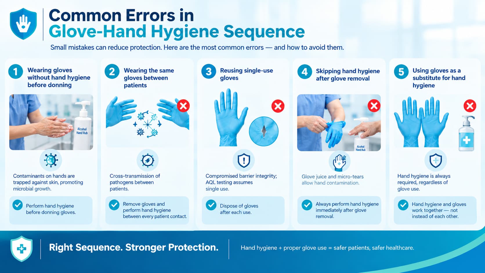 Five common glove-hand hygiene mistakes including improper glove use, reuse, and skipped hand hygiene in healthcare settings