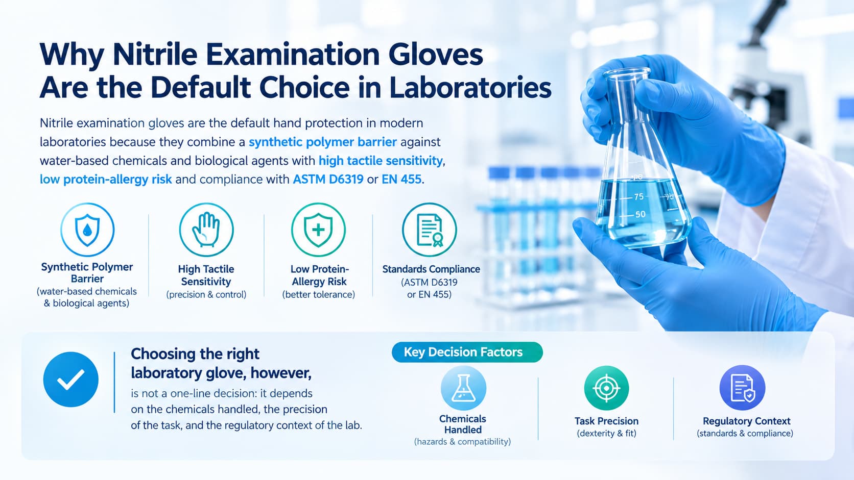 Blue nitrile examination gloves holding a laboratory flask, illustrating chemical protection, tactile sensitivity, low protein-allergy risk, and compliance with ASTM D6319 and EN 455.
