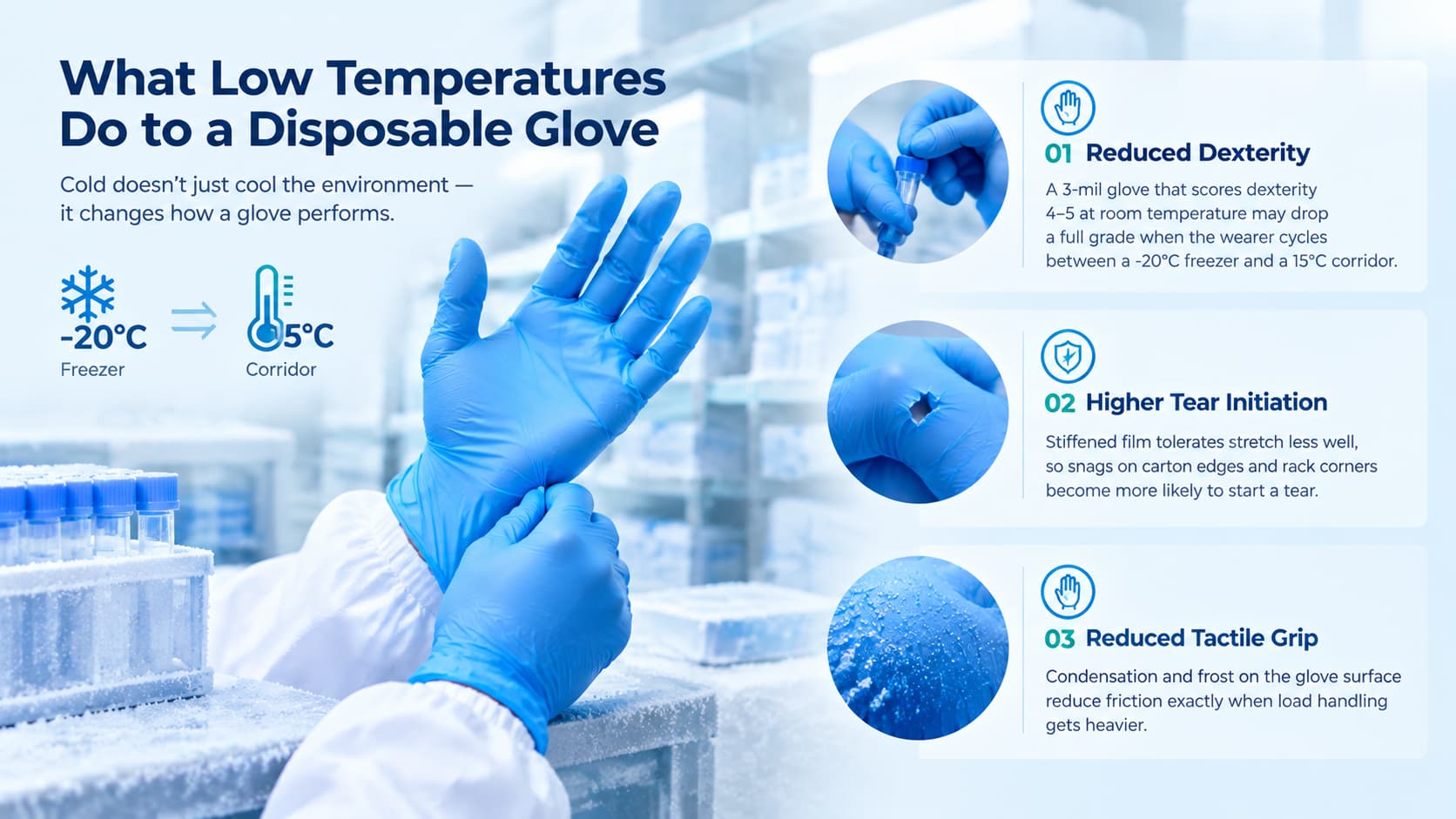 Blue nitrile disposable gloves in a cold laboratory illustrating reduced dexterity, increased tear initiation, and reduced tactile grip caused by low-temperature conditions, frost, and condensation.
